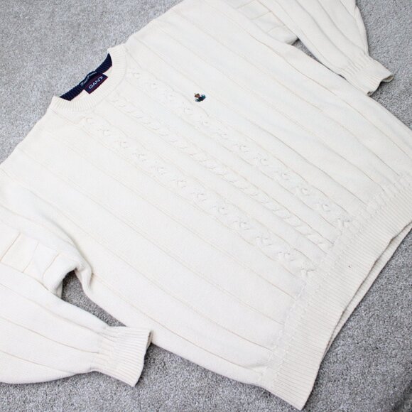 Vintage Gant Sweater Mens XL White Hand Framed 100% Cotton Cable Knit Crest 90s - Picture 7 of 11